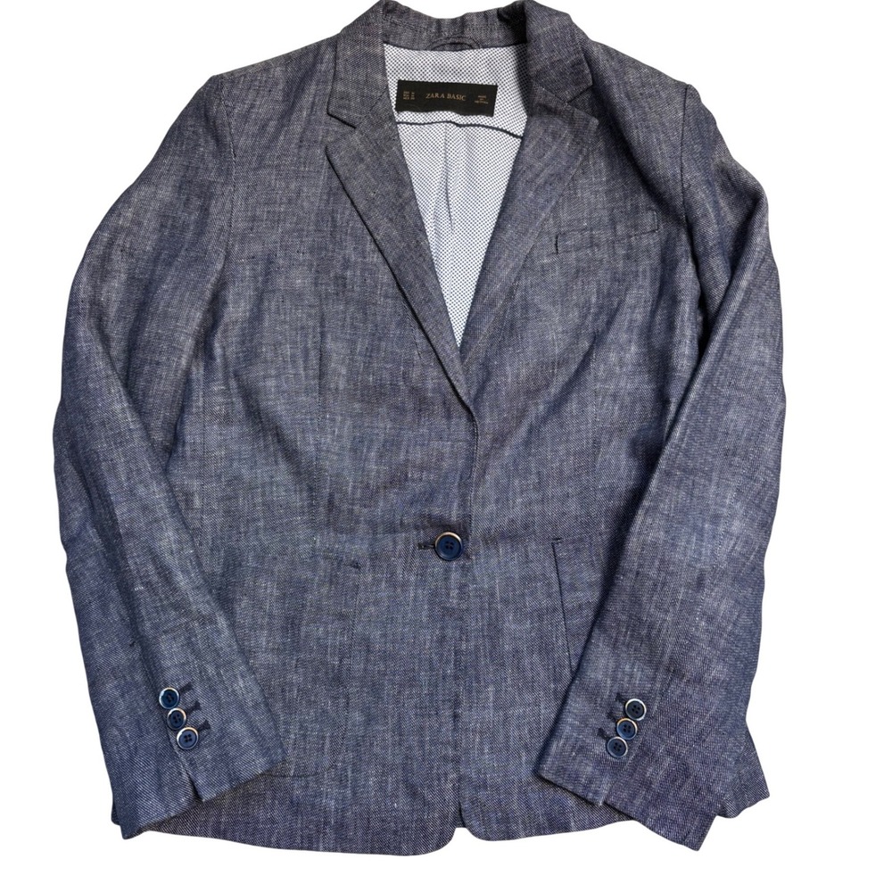 Zara Basic Chambray Blue Linen Blend Single Button Blazer Jacket Womens Medium